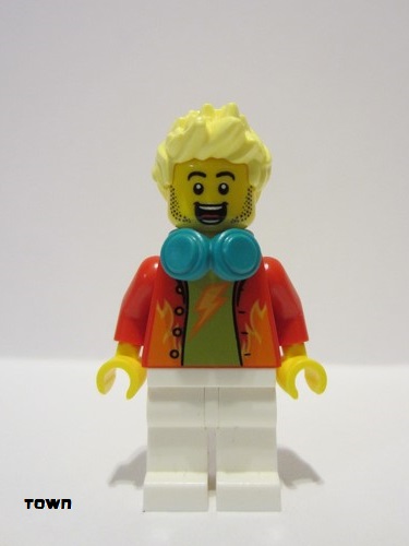 lego 2023 mini figurine cty1585 Dynamo Doug Stuntz Announcer, Red Jacket over Lime Shirt, White Legs, Bright Light Yellow Spiked Hair, Dark Turquoise Headphones 