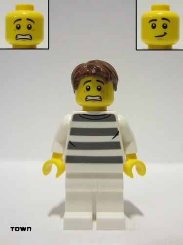 lego 2023 mini figurine cty1587 Police - City Bandit Crook Male, White Shirt with Dark Bluish Gray Prison Stripes, White Legs, Reddish Brown Hair 