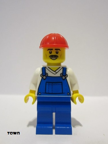 lego 2023 mini figurine cty1601 Construction Worker Male, Blue Overalls over V-Neck Shirt, Blue Legs, Red Construction Helmet 