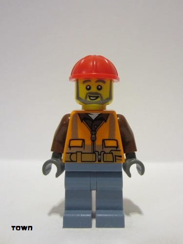 lego 2023 mini figurine cty1602 Airport Worker Male, Orange Safety Vest, Reflective Stripes, Reddish Brown Shirt, Sand Blue Legs, Red Construction Helmet, Dark Bluish Gray Beard 