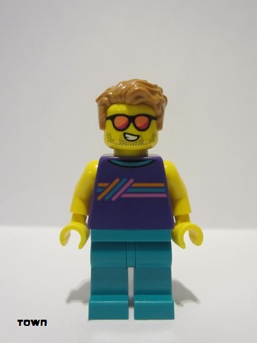 lego 2023 mini figurine cty1616 Citizen Male - Dark Purple Vest with Stripes, Dark Turquoise Legs 