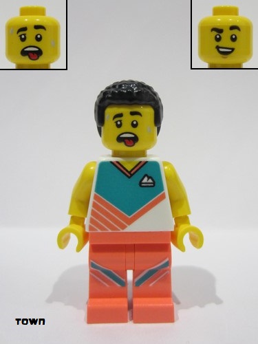 lego 2023 mini figurine cty1620 Fitness Male, White Shirt with Dark Turquoise Panel, Coral Legs, Black Hair 