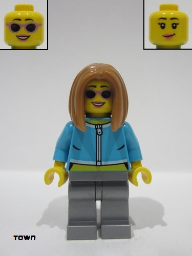 lego 2023 mini figurine cty1623 Citizen Female - Medium Azure Jacket, White Zipper and Collar, Flat Silver Legs, Medium Nougat Hair, Sunglasses 