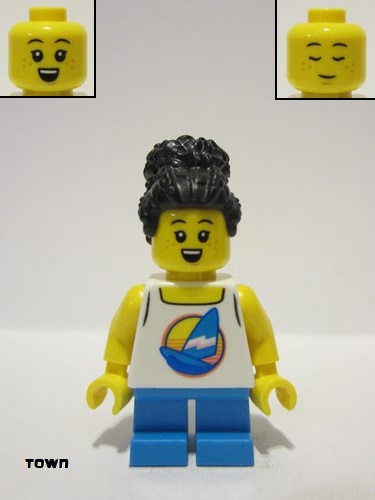 lego 2023 mini figurine cty1624 Girl White Tank Top with Dark Azure Sailboat, Dark Azure Legs, Black Hair 