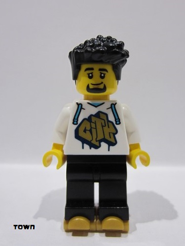 lego 2023 mini figurine cty1625 Rollerskater Male, White Hoodie with Gold 'CITY', Black Legs, Pearl Gold Rollerskates 