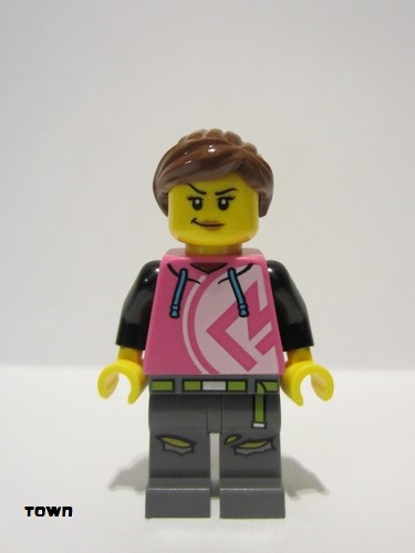 lego 2023 mini figurine cty1626 Kick Scooter Driver Female, Dark Pink Hoodie, Dark Bluish Gray Legs 