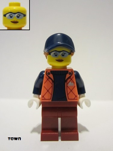 lego 2023 mini figurine cty1632 Citizen Female - Coral Jacket over Sweater, Dark Red Legs, Dark Blue Cap, Dark Orange Hair 