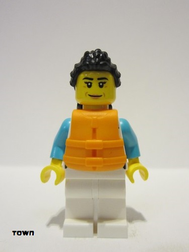 lego 2023 mini figurine cty1641 Arctic Explorer Female, White Jacket over Medium Azure Shirt, White Legs, Black Hair, Orange Life Jacket 