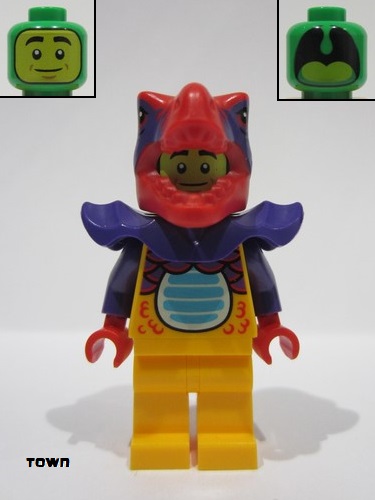 lego 2023 mini figurine cty1644 Comic Shop Guy Male, Bright Light Orange Dragon Suit and Legs, Red Dragon Head, Dark Purple Shoulder Armor 