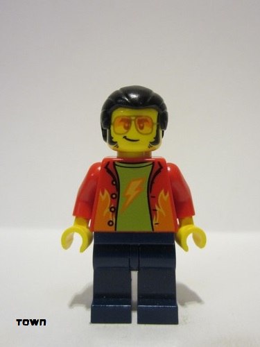 lego 2023 mini figurine cty1645 Noodle Vendor Male, Red Shirt, Dark Blue Legs, Black Hair, Sunglasses 