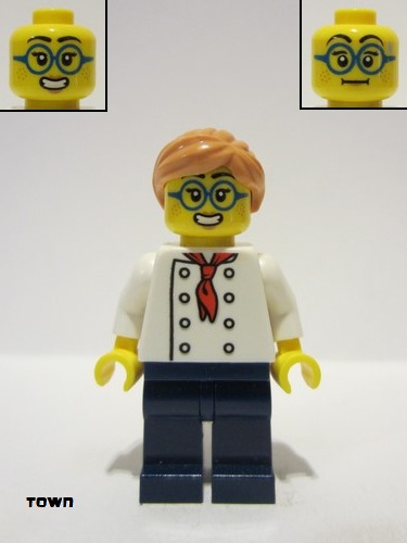 lego 2023 mini figurine cty1646 Pizza Chef Female, White Torso with 8 Buttons, Dark Blue Legs, Nougat Hair, Glasses 