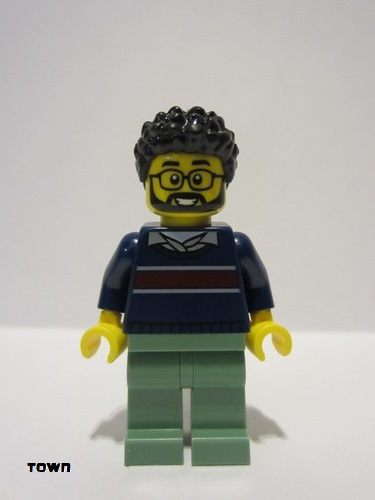 lego 2023 mini figurine cty1663 Dad Dark Blue Sweater with Dark Red Stripe, Sand Green Legs, Black Hair 