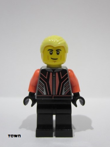 lego 2023 mini figurine cty1666 Race Car Driver Male, Black and Coral Racing Suit, Black Legs, Bright Light Yellow Hair 