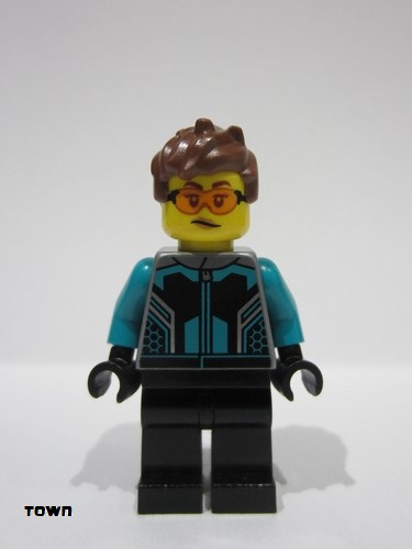 lego 2023 mini figurine cty1667 Race Car Driver Female, Black and Dark Turquoise Racing Suit, Black Legs, Reddish Brown Hair, Safety Glasses 