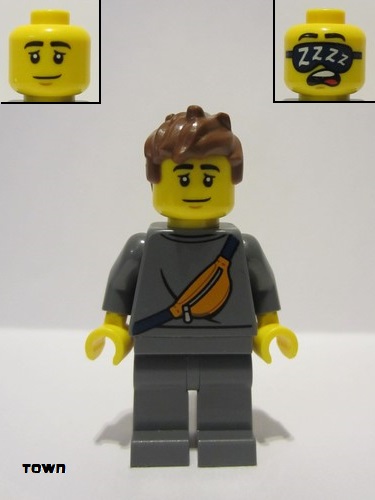 lego 2023 mini figurine cty1680 Plane Passenger Male, Dark Bluish Gray Tracksuit, Reddish Brown Short Spiky Hair, Belt Bag 