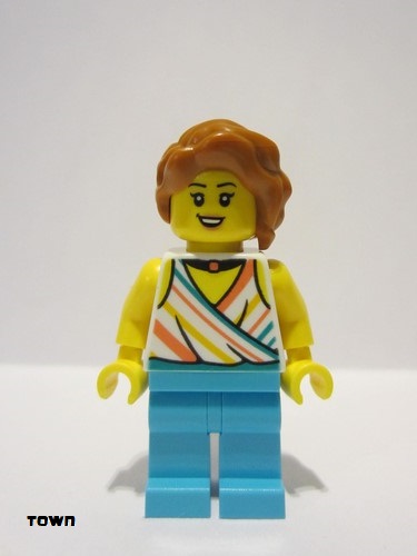 lego 2023 mini figurine cty1681 Plane Passenger Female, White Tank Top with Coral, Dark Turquoise, Bright Light Orange Stripes, Medium Azure Legs, Dark Orange Hair with Braid 