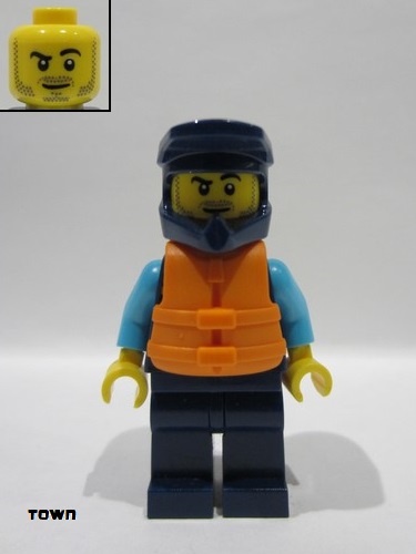 lego 2023 mini figurine cty1687 Arctic Explorer Water Scooter Driver Male, Dark Blue Diving Suit and Dirt Bike Helmet, Orange Life Jacket, Lopsided Smirk 