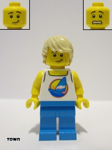 lego 2023 mini figurine twn461 Beach Tourist Male, White Tank Top with Dark Azure Sailboat, Dark Azure Legs, Tan Hair 