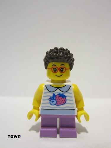 lego 2023 mini figurine twn471 Child Girl, White Collared Shirt with Fruit, Medium Lavender Short Legs, Dark Brown Short Coiled Hair, Glasses 