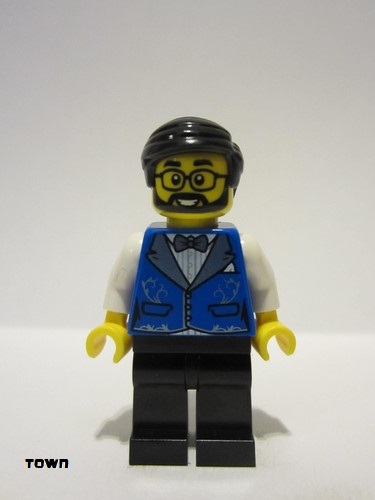 lego 2023 mini figurine twn472 Hotel Receptionist Male, Blue Vest with Metallic Light Blue Lapels, Black Legs, Black Hair, Beard and Glasses 