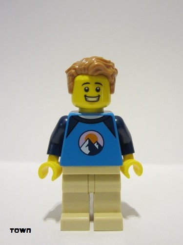 lego 2023 mini figurine twn474 Wheelchair User Male, Dark Azure and Dark Blue Shirt with Mountains, Tan Legs, Medium Nougat Tousled Hair 