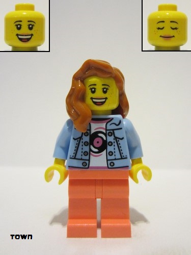 lego 2023 mini figurine twn476 Record Store Clerk Female, Bright Light Blue Denim Jacket, Coral Legs, Dark Orange Hair 