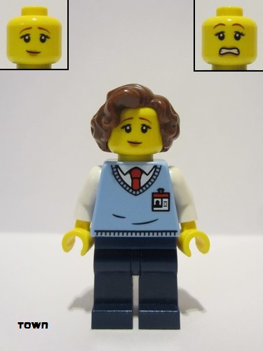 lego 2023 mini figurine twn484 Museum Employee Bright Light Blue Sweater Vest, Dark Blue Legs, Reddish Brown Wavy Hair 