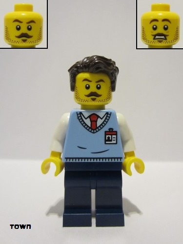 lego 2023 mini figurine twn485 Museum Employee Bright Light Blue Sweater Vest, Dark Blue Legs, Dark Brown Tousled Hair 