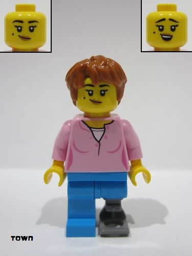 lego 2023 mini figurine twn489 Museum Visitor Bright Pink Top, Dark Azure Legs with Prosthetic Leg, Dark Orange Thick Messy Hair 