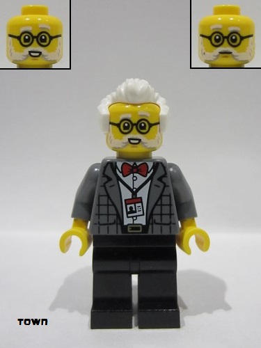 lego 2023 mini figurine twn490 Museum Curator Dark Bluish Gray Suit with Red Bow Tie, Black Legs, White Hair 