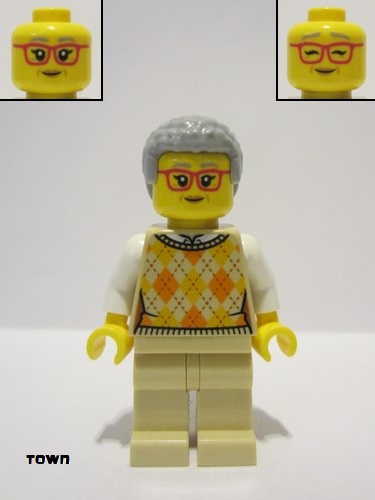 lego 2023 mini figurine twn491 Museum Visitor Tan Knit Argyle Sweater Vest, Tan Legs, Light Bluish Gray Coiled Hair 