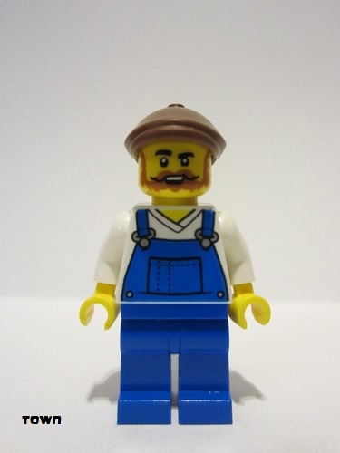 lego 2023 mini figurine twn492 Museum Window Washer Blue Overalls over V-Neck Shirt, Blue Legs, Reddish Brown Flat Cap 