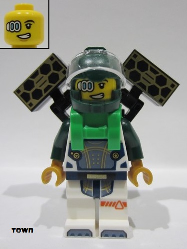 lego 2024 mini figurine cty1696 Astronaut Male, Dark Green Helmet, Bright Green Backpack with Solar Panels, White Suit with Dark Green Arms 