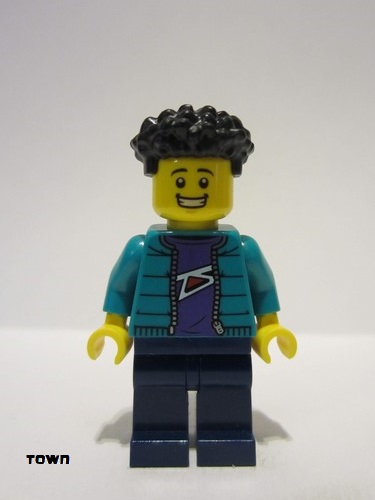 lego 2024 mini figurine cty1719 Race Photographer Male, Dark Turquoise Jacket, Dark Blue Legs, Black Coiled Hair 