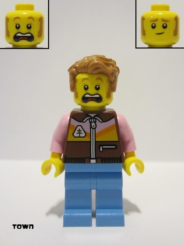 lego 2024 mini figurine cty1734 Camper Male, Reddish Brown Jacket, Medium Blue Legs, Medium Nougat Tousled Hair 