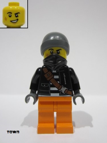 lego 2024 mini figurine cty1737 Police - City Bandit Crook Male, Black Jacket, Orange Legs, Dark Bluish Gray Beanie, Black Bandana 