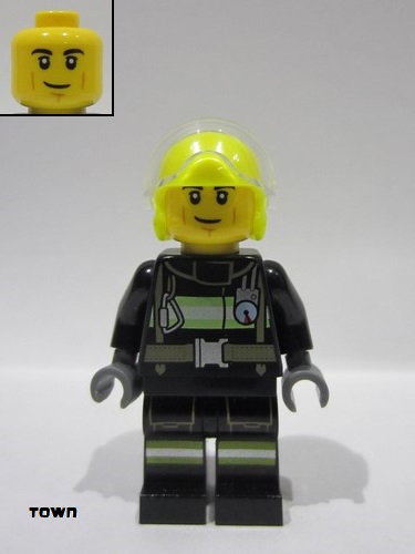 lego 2024 mini figurine cty1739 Fire Male, Helicopter Pilot, Black Jacket and Legs with Reflective Stripes, Neon Yellow Flight Helmet 