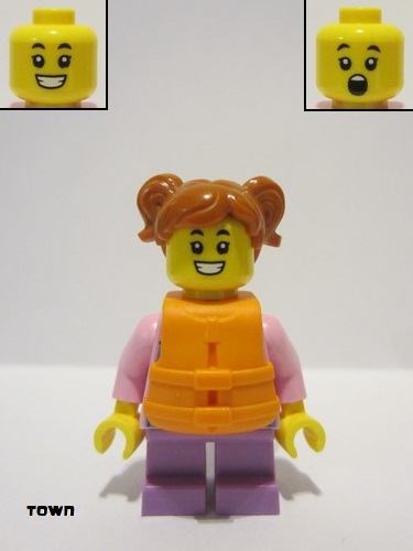 lego 2024 mini figurine cty1740 Girl Bright Pink Hoodie, Medium Lavender Short Legs, Dark Orange Hair, Orange Life Jacket 