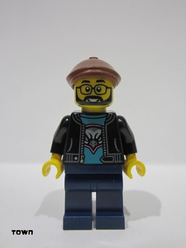 lego 2024 mini figurine cty1743 Race Truck Driver Male, Black Jacket over Dark Turquoise Shirt with Hawk, Dark Blue Legs, Reddish Brown Flat Cap 