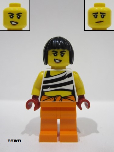 lego 2024 mini figurine cty1744 Police - City Bandit Crook Female, White Shirt with Black Prison Stripes and Orange Waistband, Orange Legs, Black Bob Cut Hair Short 