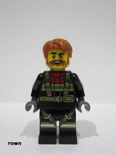 lego 2024 mini figurine cty1746 Fire Male, Black Jacket and Legs with Reflective Stripes, Harness and Red Collar, Dark Orange Hair, Beard and Moustache 