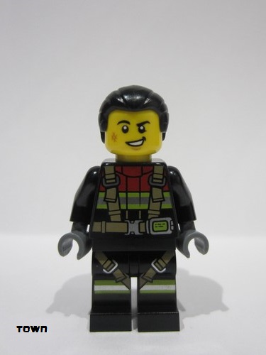 lego 2024 mini figurine cty1747 Fire Male, Black Jacket and Legs with Reflective Stripes, Harness and Red Collar, Black Hair Ponytail 