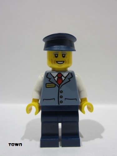 lego 2024 mini figurine cty1769 Bus Driver Male, Sand Blue Vest over White Shirt, Dark Blue Legs and Hat 