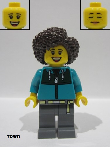 lego 2024 mini figurine cty1771 Bus Passenger Female, Dark Turquoise Jacket with Dark Green Panel, Dark Bluish Gray Legs, Dark Brown Hair 