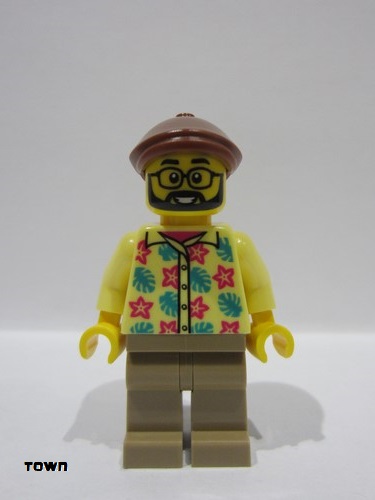 lego 2024 mini figurine cty1772 Bus Passenger Male, Bright Light Yellow Shirt with Flowers and Leaves, Dark Tan Legs, Reddish Brown Flat Cap 