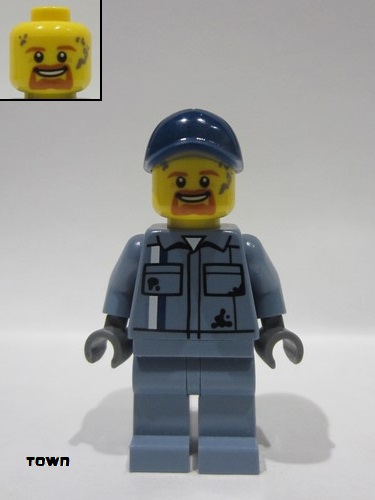 lego 2024 mini figurine cty1773 Tow Truck Driver Sand Blue Shirt, Sand Blue Legs, Dark Blue Cap 