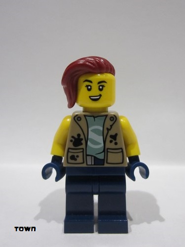 lego 2024 mini figurine cty1777 City Jungle Explorer Female - Dark Tan Vest, Dark Blue Legs, Dark Red Hair 