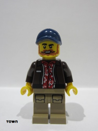 lego 2024 mini figurine cty1778 City Jungle Pilot Dark Brown Jacket over Red Shirt, Dark Tan Legs, Dark Blue Cap 