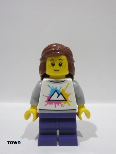 lego 2024 mini figurine cty1782 Tram Passenger Female, White Shirt with Mountains Logo, Dark Purple Medium Legs, Reddish Brown Hair, Freckles 