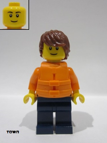 lego 2024 mini figurine cty1791 Man Reddish Brown Hair, Orange Jacket and Life Jacket, Dark Blue Legs 